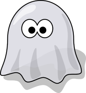 Cartoon ghost with big eyes and smile.