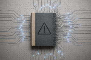 Hardcover book with a warning symbol on the cover surrounded by glowing digital circuit lines, symbolizing AI risks and challenges in modern book publishing.