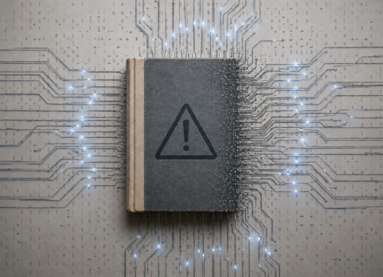 Hardcover book with a warning symbol on the cover surrounded by glowing digital circuit lines, symbolizing AI risks and challenges in modern book publishing.