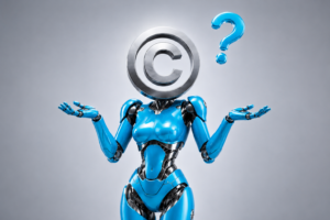 A glossy blue humanoid robot with a metallic copyright symbol for a head shrugs with both hands raised while a large question mark floats above it.