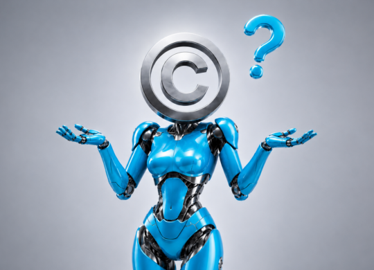 A glossy blue humanoid robot with a metallic copyright symbol for a head shrugs with both hands raised while a large question mark floats above it.