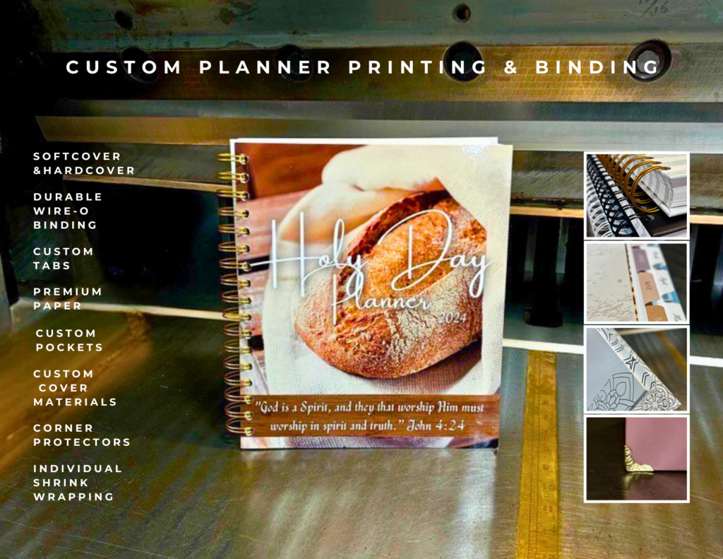 Custom planner featuring Wire-O binding, tabs, premium paper, pockets, and corner protectors