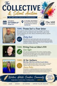 Inklings Collective and Silent Auction event flyer featuring speakers Bobby Nash, Sean Taylor, and BookLogix’s Jessica Parker in Canton, Georgia.
