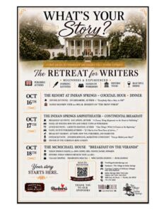 The Retreat for Writers at Indian Springs 2026 flyer featuring the historic resort and October 16–18 event in Flovilla, Georgia.